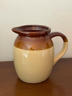 Vintage Stoneware Pottery Creamer Pitcher Brown & Tan Glazed Farmhouse Rustic 6”